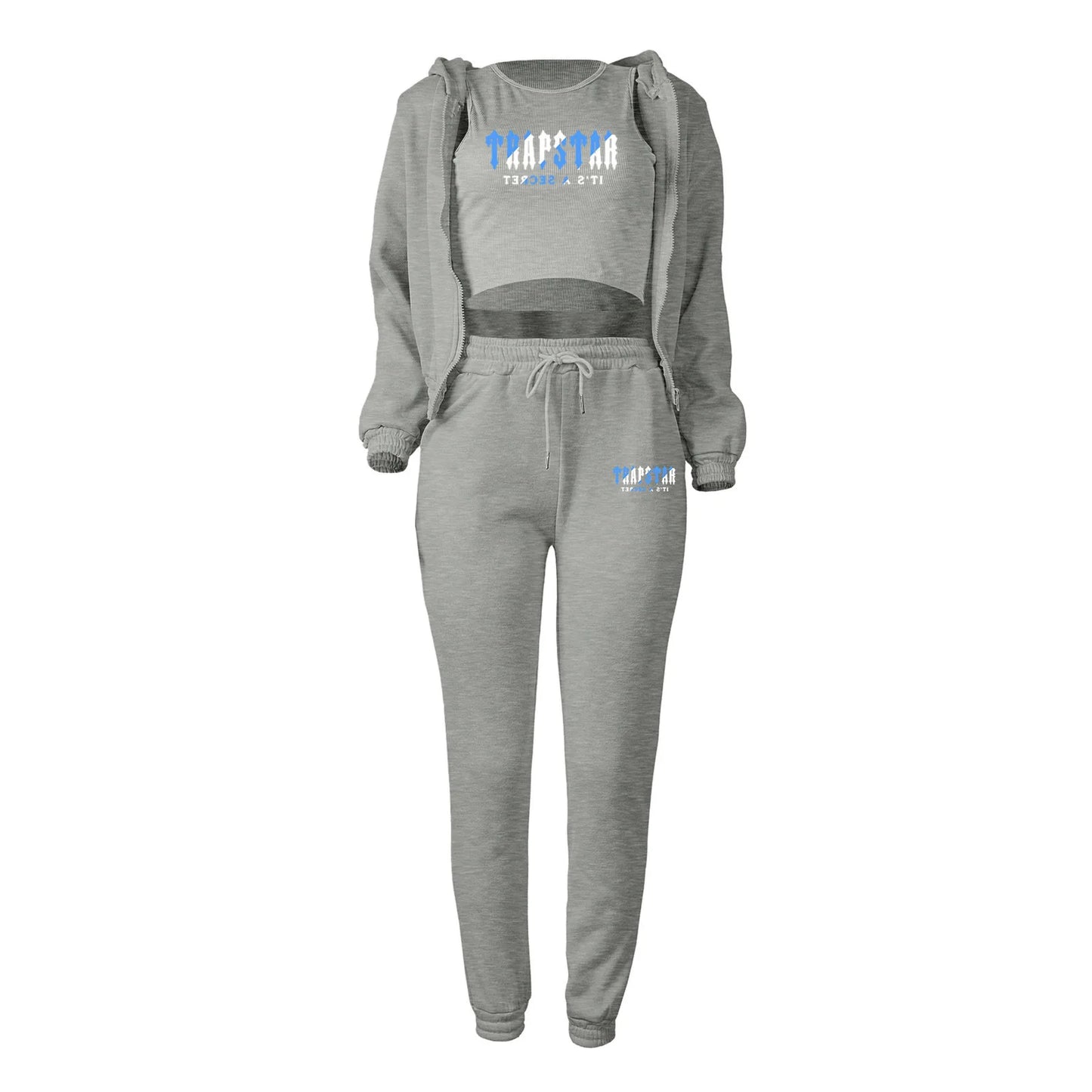 Grey knit sweater set with blue letter print and zip-up hoodie for a relaxed lounge outfit.