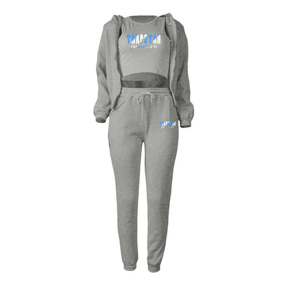 Grey knit sweater set with blue letter print and zip-up hoodie for a relaxed lounge outfit.