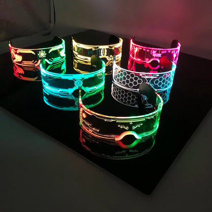LED festival glasses with crystal bead illumination and illuminated cyber designs