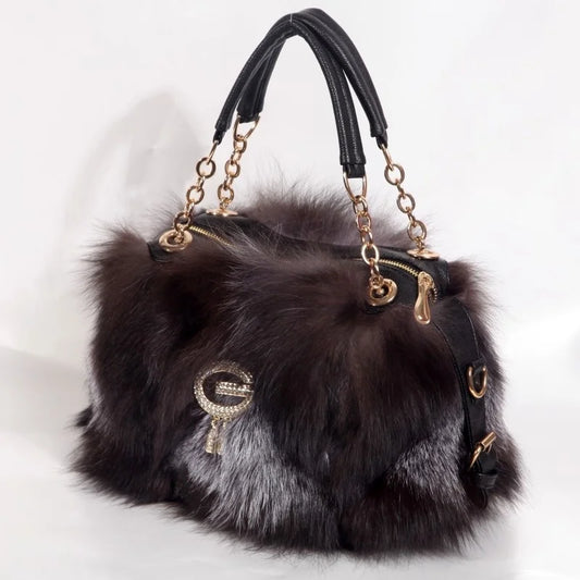 Real Fur Women Handbags Women Luxury Fox Fur Bag Fashion Female Furry Handbag Real Leather Evening Bag Natural Fur Shoulder Bag