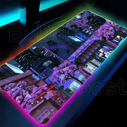 Large RGB LED gaming desk mat with city sunset print