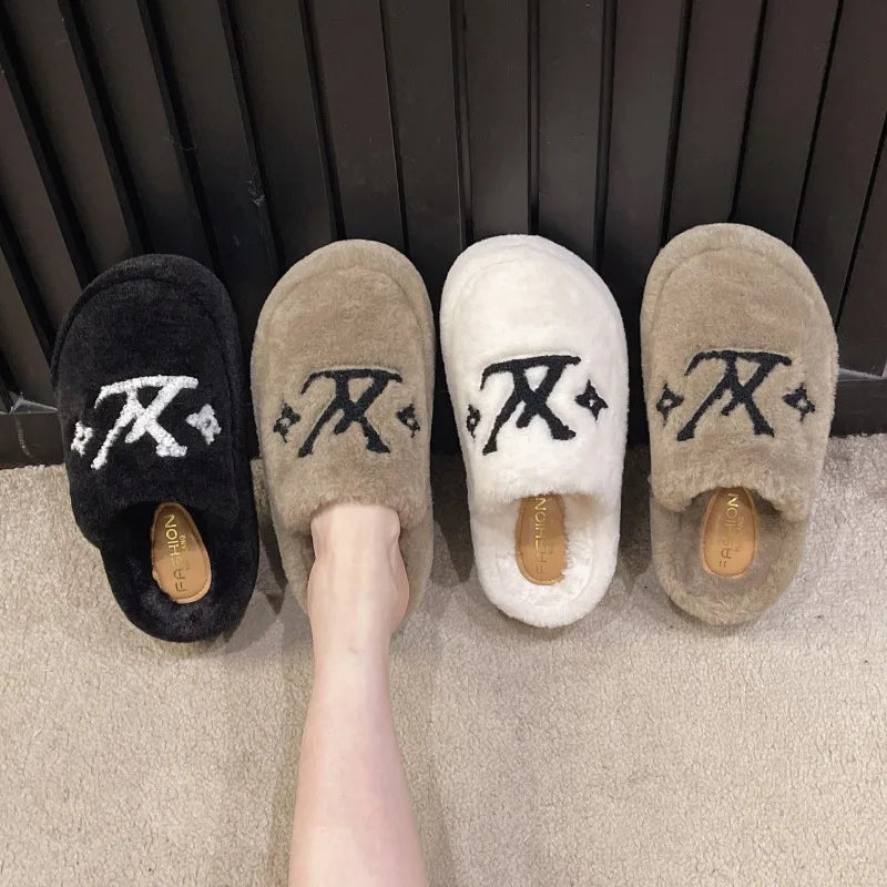 Warm Slippers for Women Indoor Non Slip Plush Traction Rubber Sole With Wedge Heel