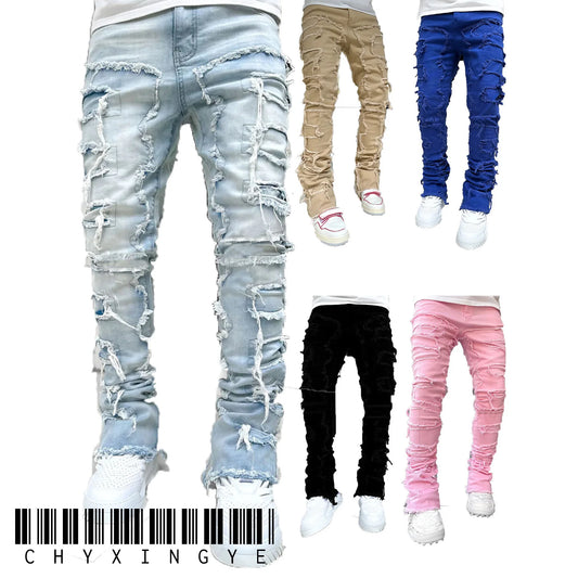 Patchwork Jeans with Tassel Details Distressed Finish