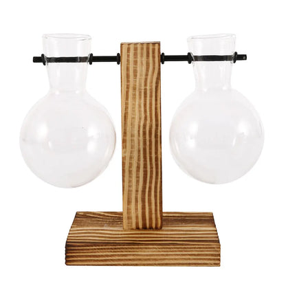 Glass Bulb Vase on Wooden Stand for Desk Decor and Office Display
