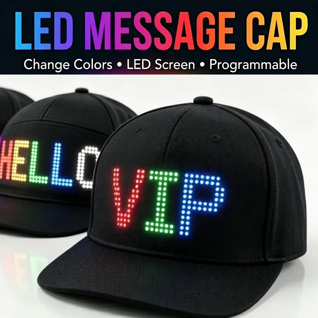 LED message display baseball cap with customizable text