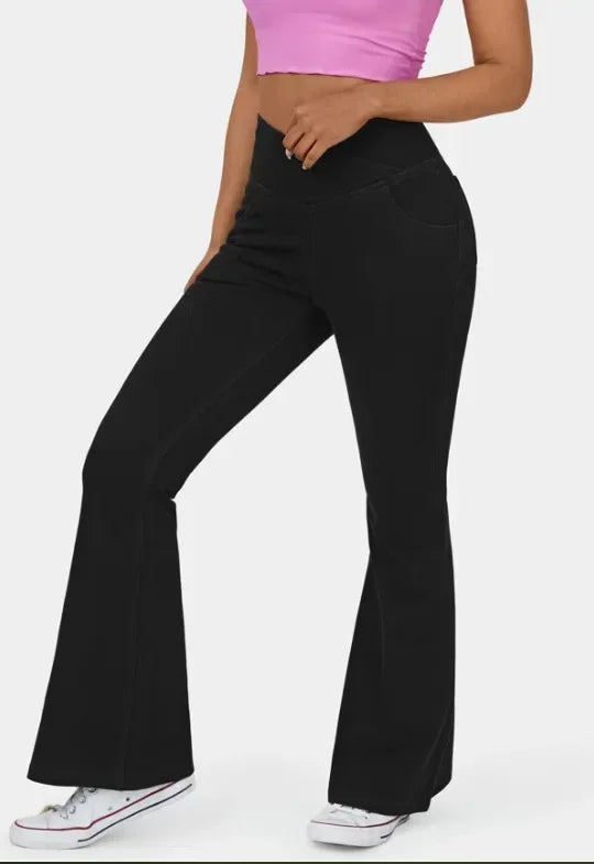 Stretch Pants High Waisted Crossover Flare with Bootcut Silhouette