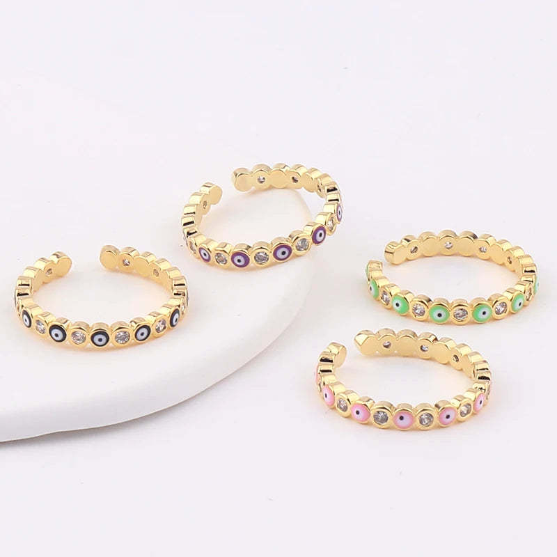Adjustable Ring with Blue Evil Eye Open Copper Gold Tone Zircon Accent