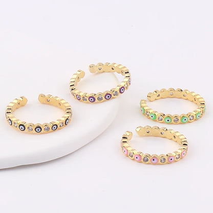 Adjustable Ring with Blue Evil Eye Open Copper Gold Tone Zircon Accent