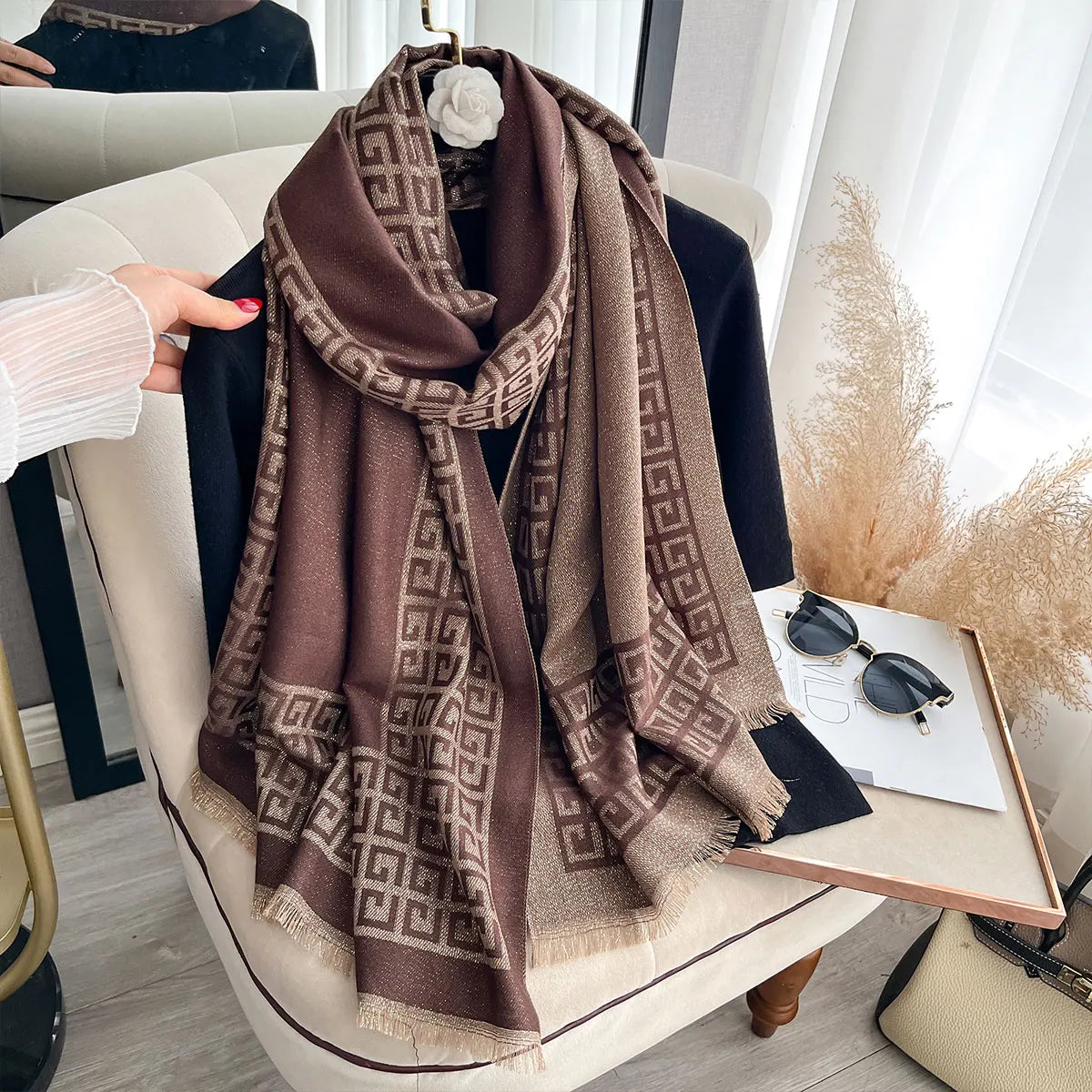 Sun-Protective Hijab Scarf with Golden Thread Accents for Styling