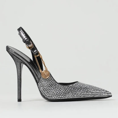 Sequined Slingback Pumps with Rhinestone Buckle for Women featuring Slim 9.6 cm Heel