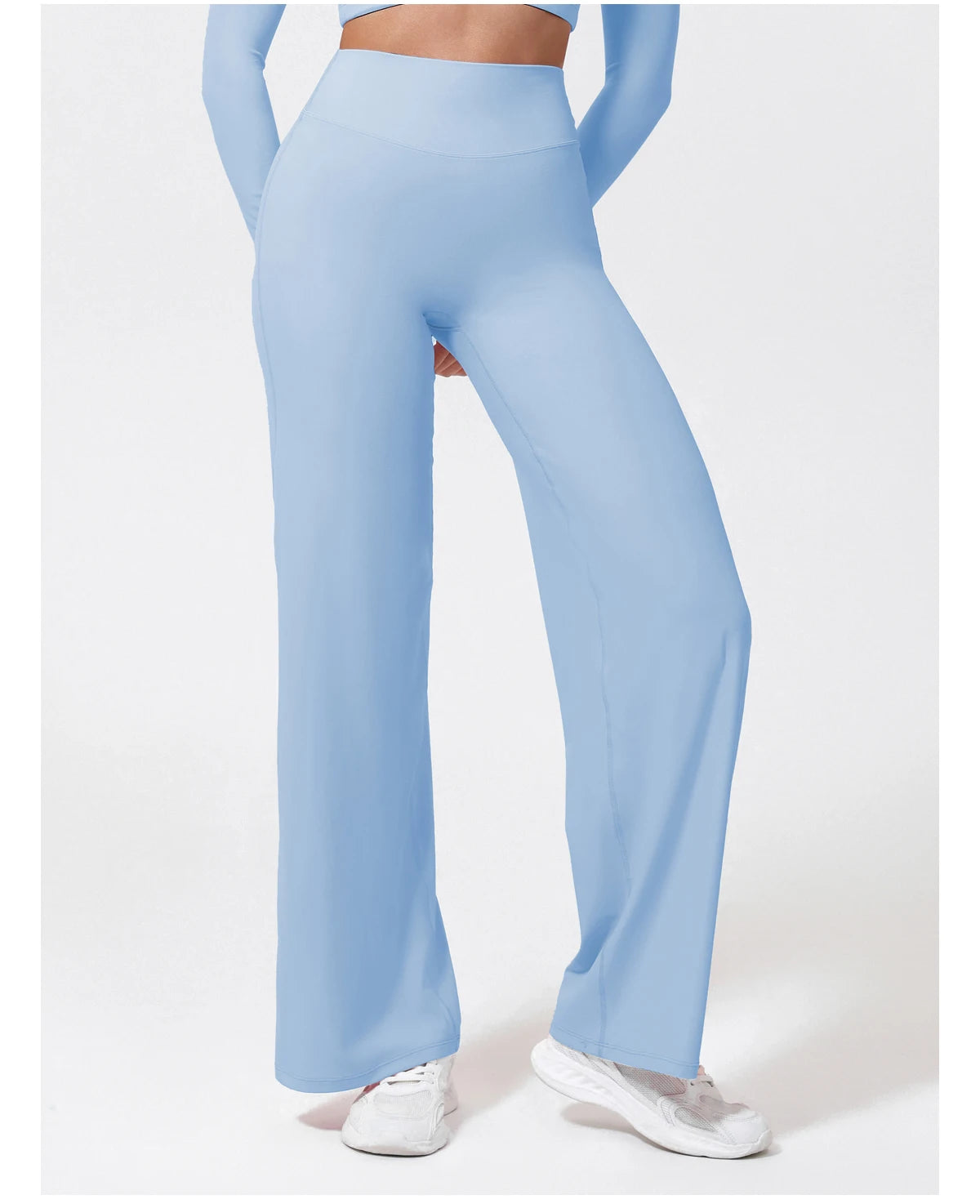 Light blue high waist sculpting leggings in stretchy knit fabric for yoga and exercise.