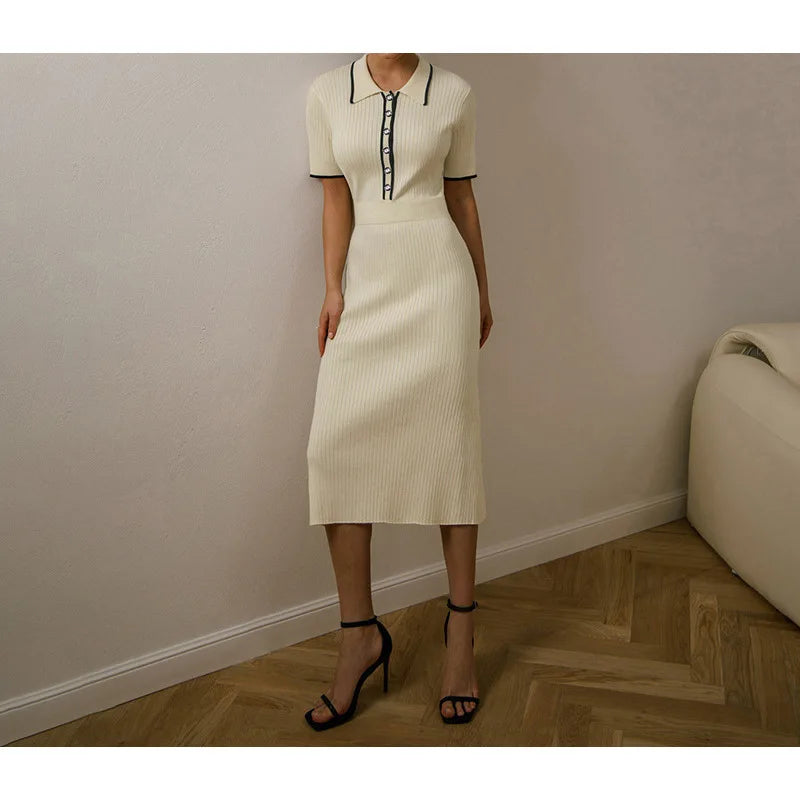 Cream ribbed knit fitted dress with contrast trim and button-up polo neck for a casual day outfit.
