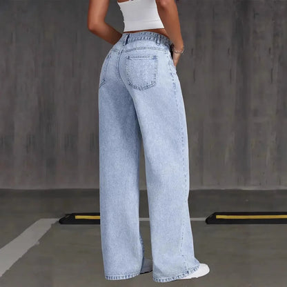Stretchy Denim Wide Leg Pants with Pockets and Subtle Distressing for Everyday Ease