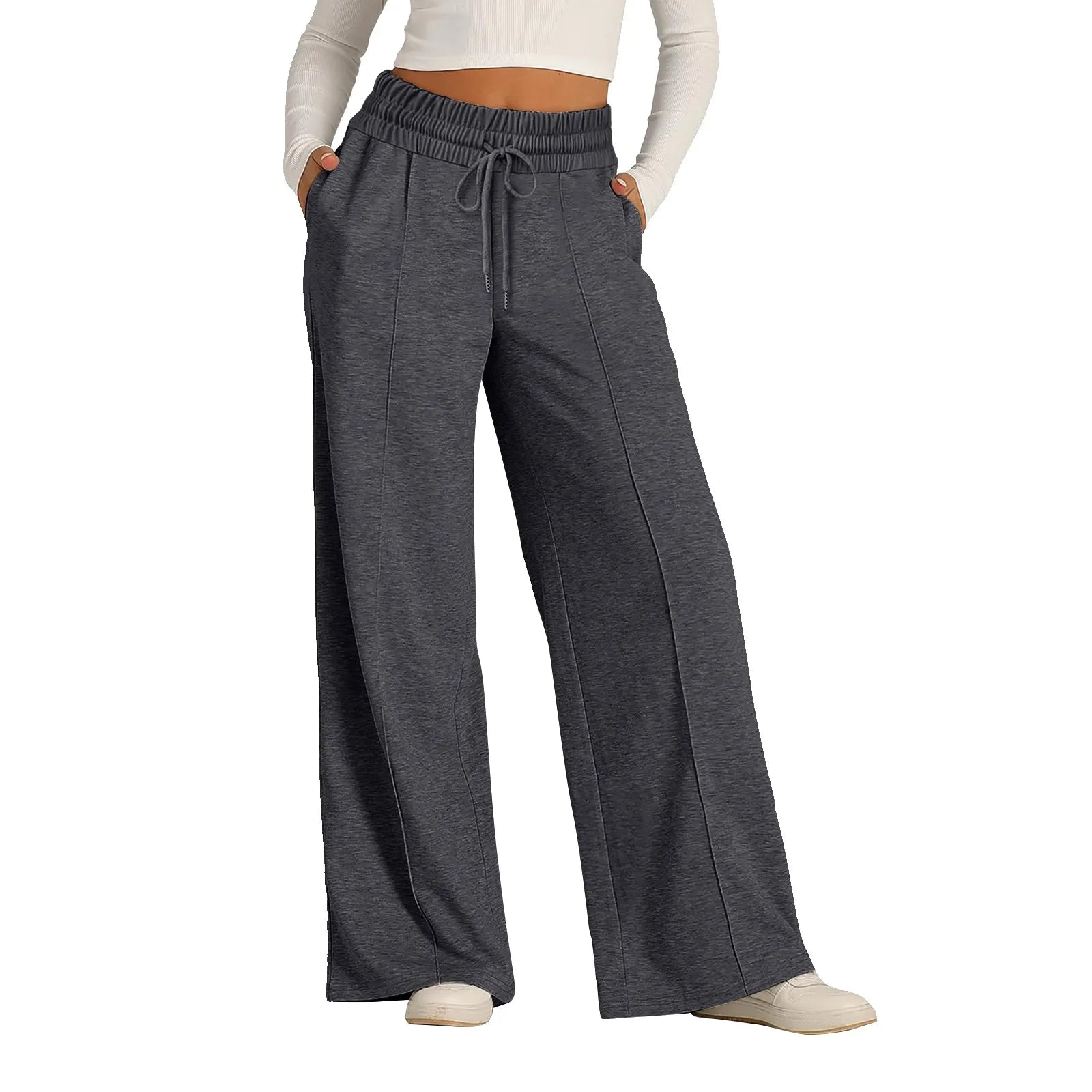 Charcoal grey fleece-lined high waist wide leg pants with a drawstring for casual daily comfort.