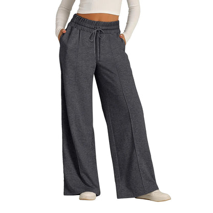 Charcoal grey fleece-lined high waist wide leg pants with a drawstring for casual daily comfort.