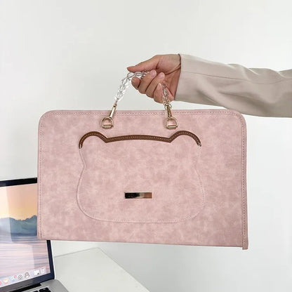 PU leather laptop sleeve with pearl bead handle