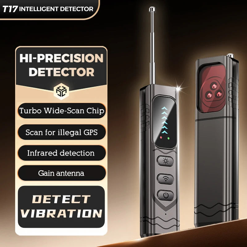 Black T17 intelligent detector with antenna, control buttons, and infrared scanning lens on the back.