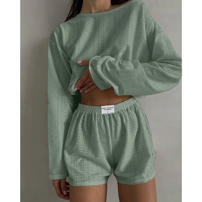Soft Two-Piece Pajama Set with Long Sleeve Top and Shorts for Women