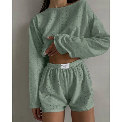 Soft Two-Piece Pajama Set with Long Sleeve Top and Shorts for Women