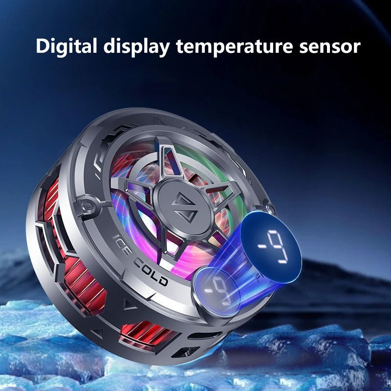 Silver circular magnetic phone cooler with LED lights and a digital temperature display for mobile gaming.