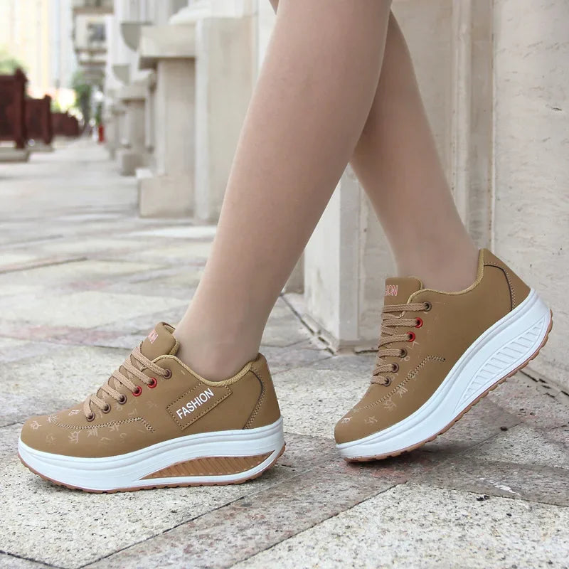 Women's lace-up wedge platform sneakers with rocker sole