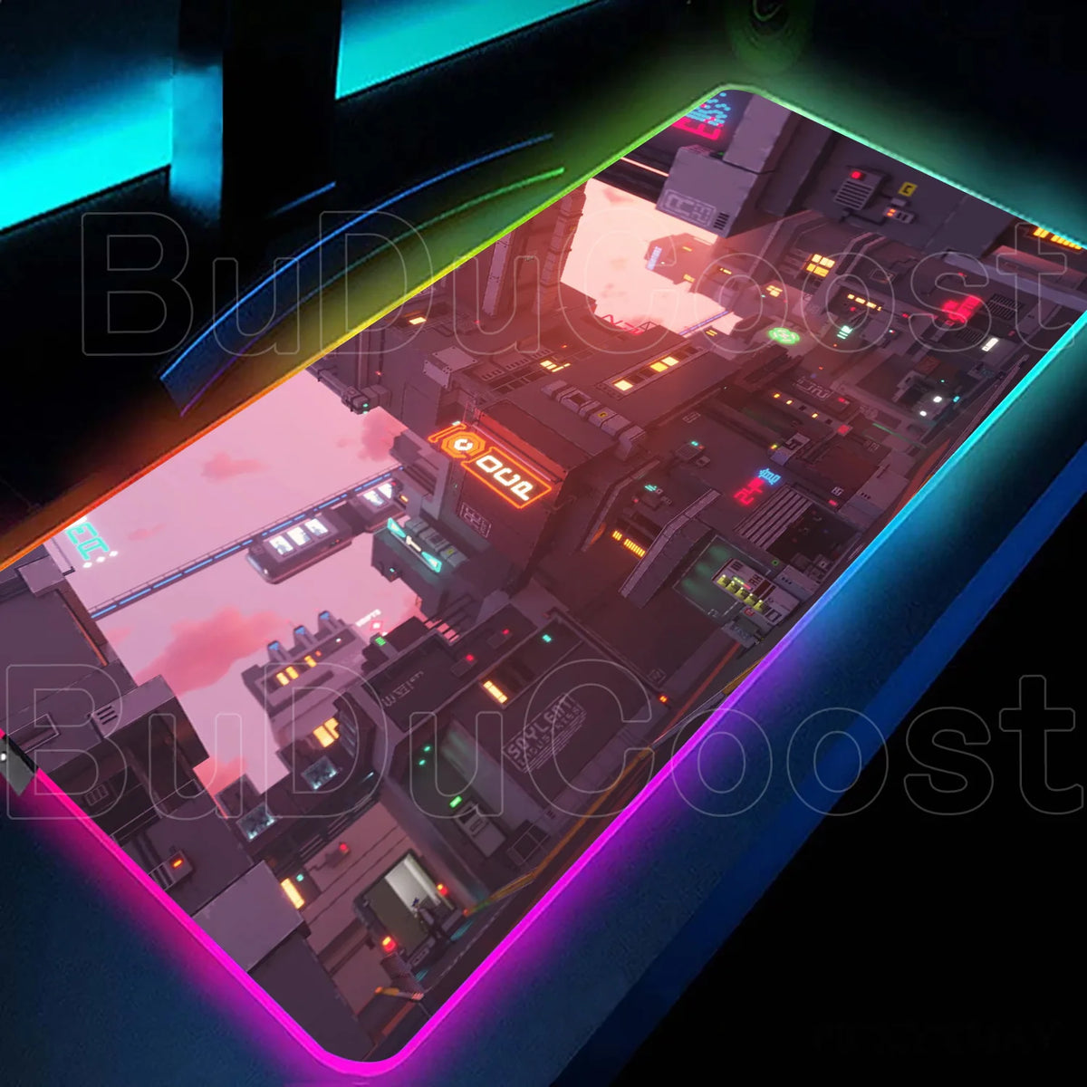 Large RGB LED gaming desk mat with city sunset print