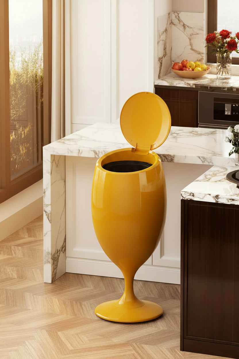 Bright yellow, wine glass-shaped wastebasket with an open flip-lid, standing in a modern kitchen.