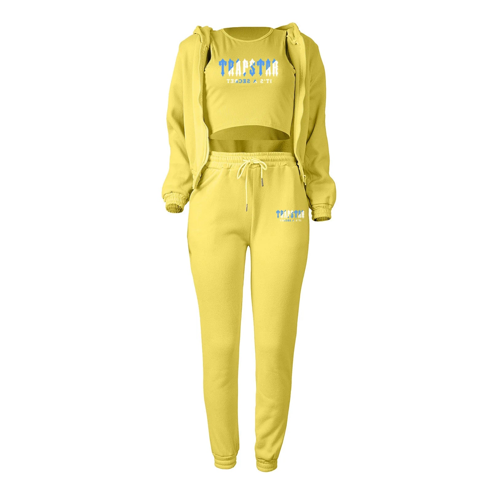 Yellow knit sweater set featuring a hooded jacket, crop top, and drawstring pants for lounge wear.