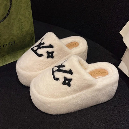 Warm Slippers for Women Indoor Non Slip Plush Traction Rubber Sole With Wedge Heel