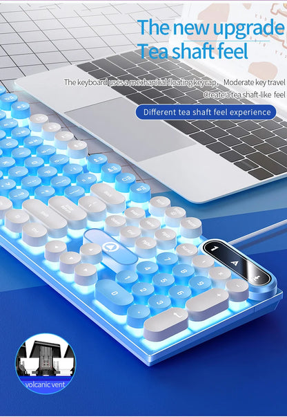 Mechanical typewriter keyboard with round retro LED backlit keys and mechanical floating keycap design