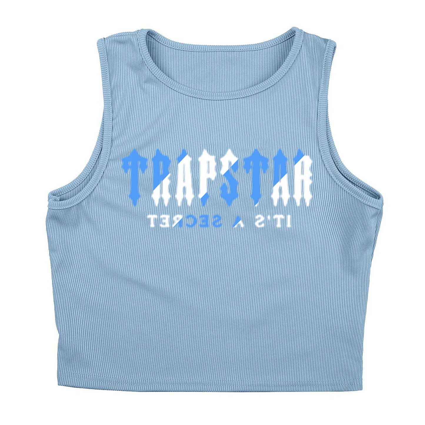 Light blue ribbed knit tank top with white letter graphic for casual wear.
