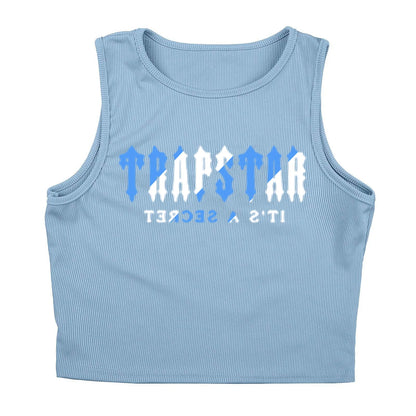 Light blue ribbed knit tank top with white letter graphic for casual wear.