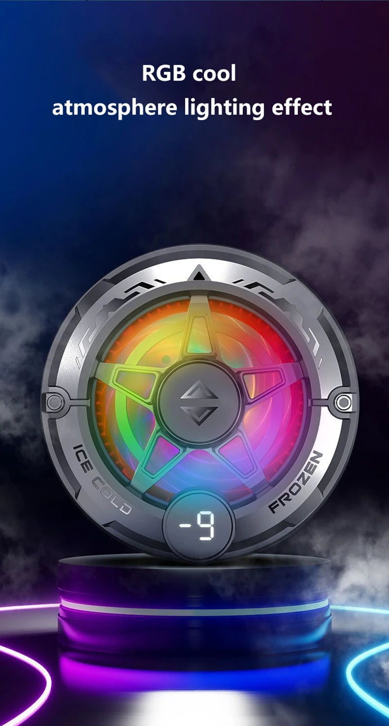 Black circular magnetic phone cooler with LED lighting, digital temperature display, and cooling fan for gaming.