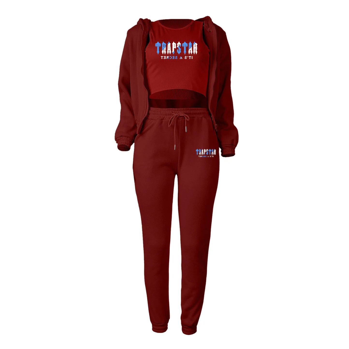 Deep red knit sweater set featuring a hooded jacket, tank, and pants with graphic letter print for lounge wear.