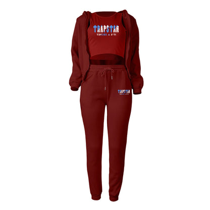 Deep red knit sweater set featuring a hooded jacket, tank, and pants with graphic letter print for lounge wear.