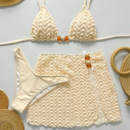 Women's Halter Push-Up Three-Piece Bikini Set with Skirt Cover-Up