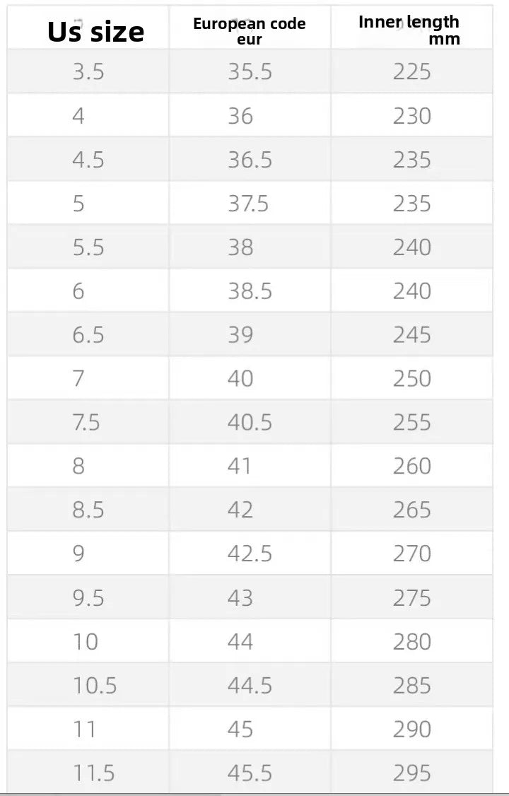 Size chart table for EVA sandals with cushioned, non-slip footwear for finding your fit.