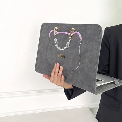 PU leather laptop sleeve with pearl bead handle