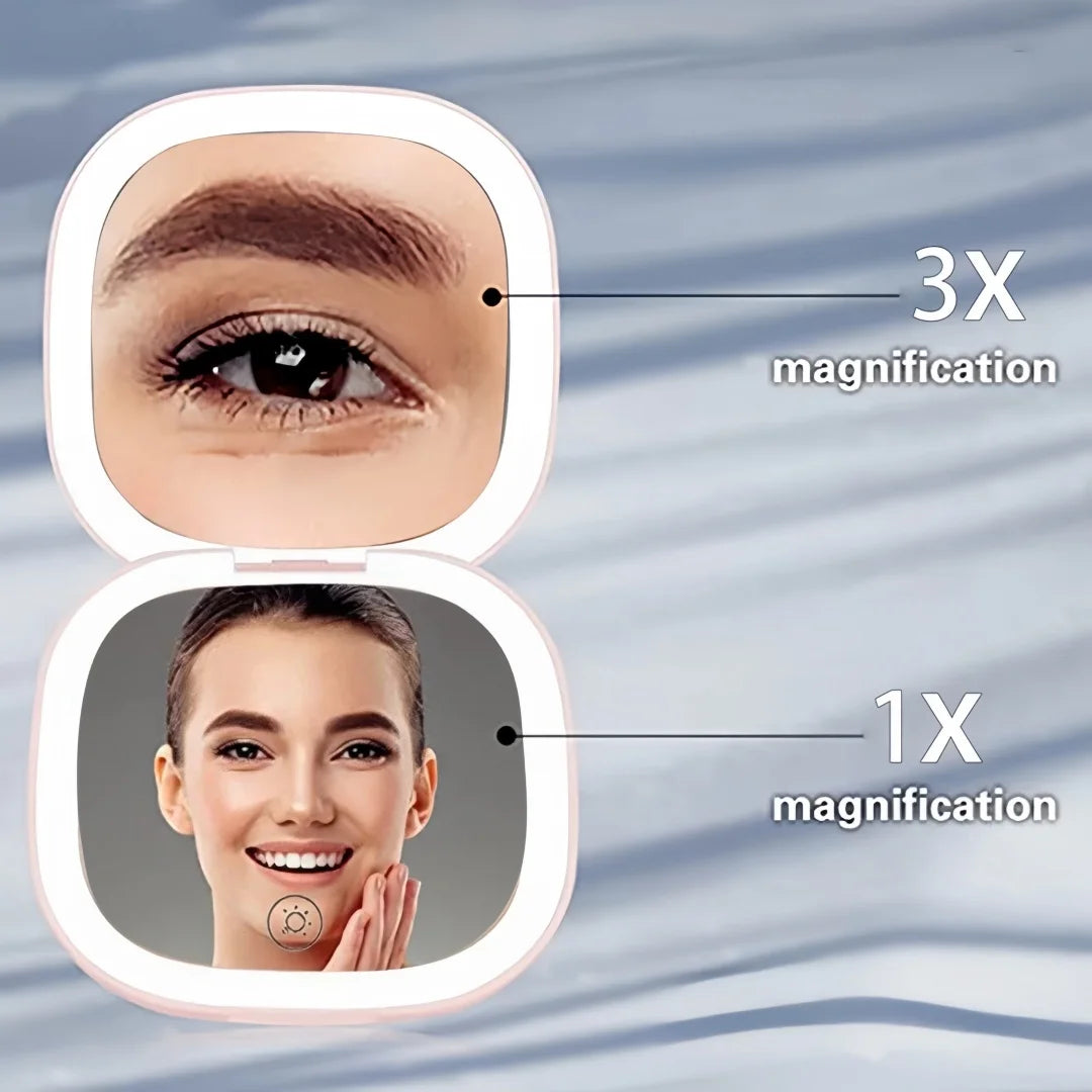 Portable Makeup Mirror with LED Fill Light Pocket Handheld Round Folding USB Charging Adjustable Hairdressing Tri Color Light