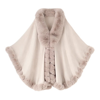 Women Faux Fur Neck Winter Poncho Overcoat Cape Thick White Black Warm Shawl Cloak Big Pendulum Cardigan Loose Coat