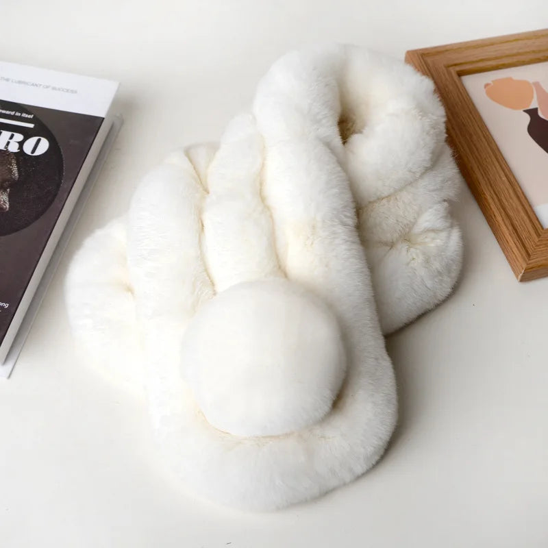 Thick, white faux fur short scarf with a triple-tube design and a large pom pom accent.