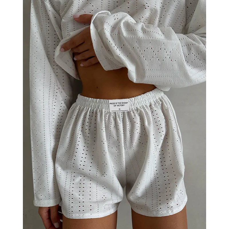 Soft Two-Piece Pajama Set with Long Sleeve Top and Shorts for Women