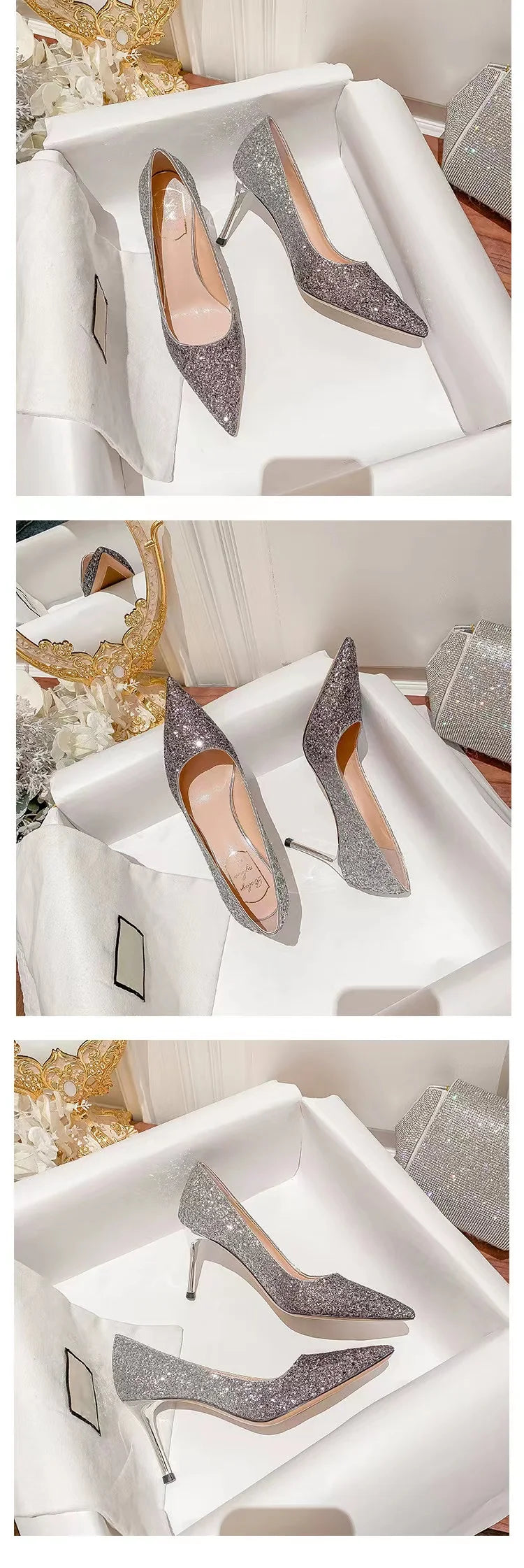 Silver glitter pointed-toe slim heel dress shoes for formal weddings.