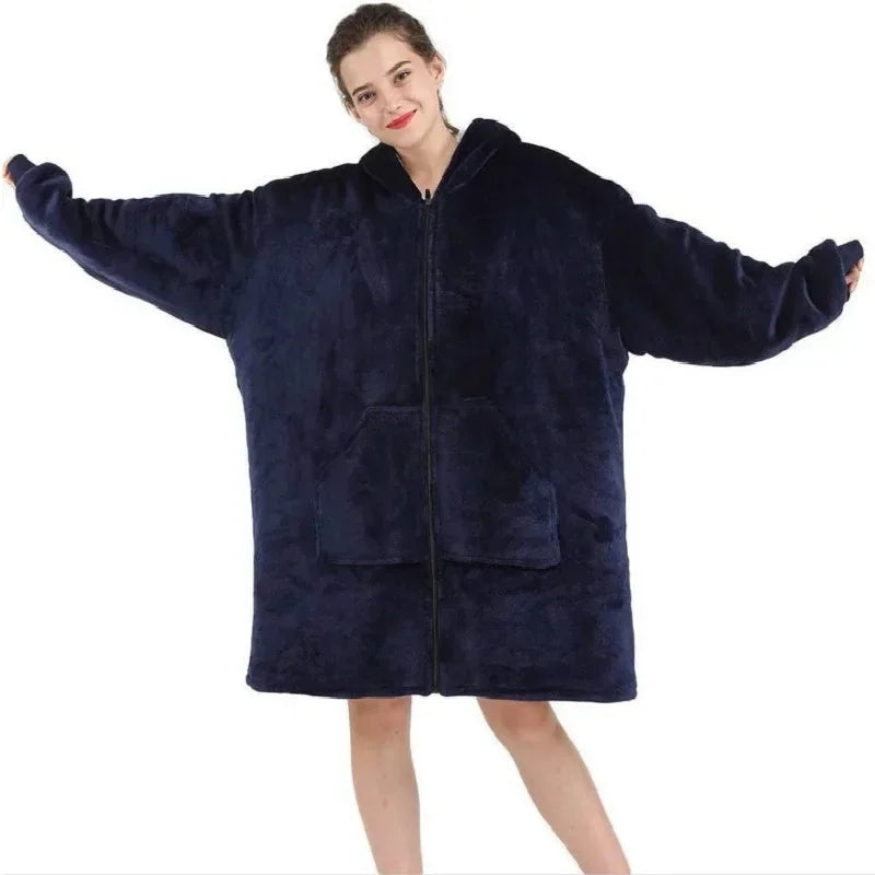 Unisex Fleece Hoodie Sweatshirt Blanket With Front Zipper And Deep Pockets In An Oversized Wearable Design