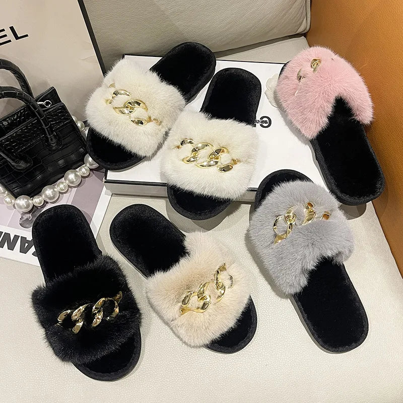 Plush Slippers for Women with Chain Detail and Cushioned Sole