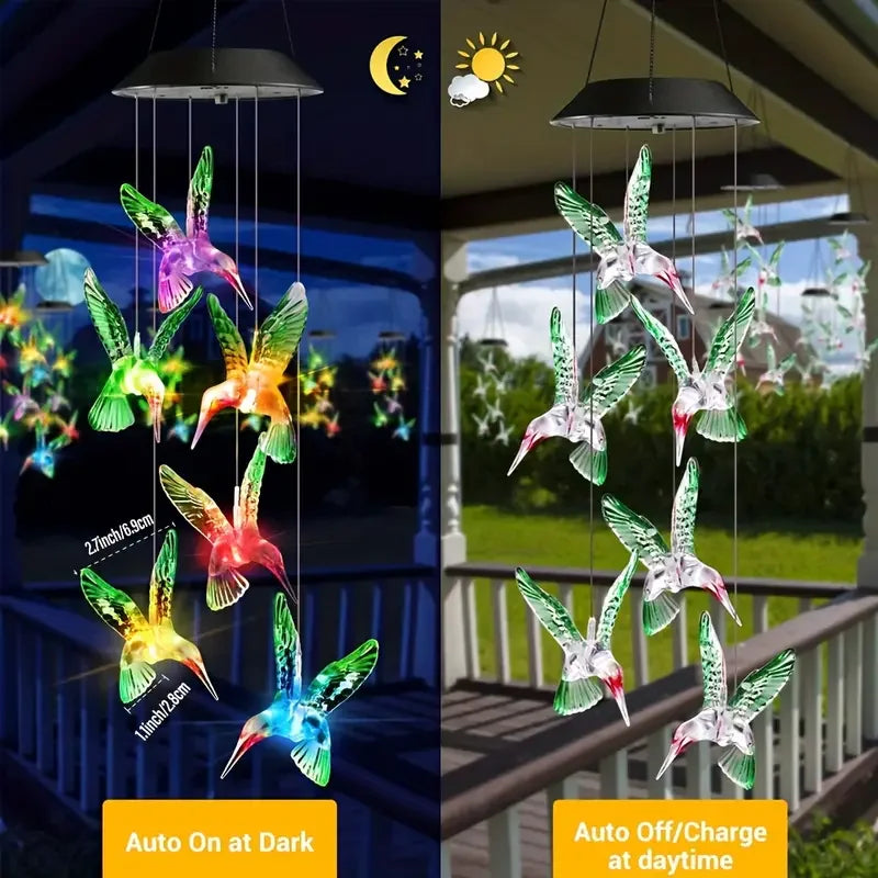 Solar wind chimes LED outdoor hanging light featuring hummingbird figures for garden decor