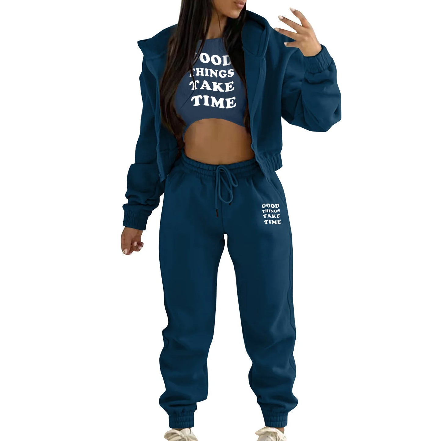 Blue knit sweater set with white letter print and relaxed fit, ideal for lounging at home.