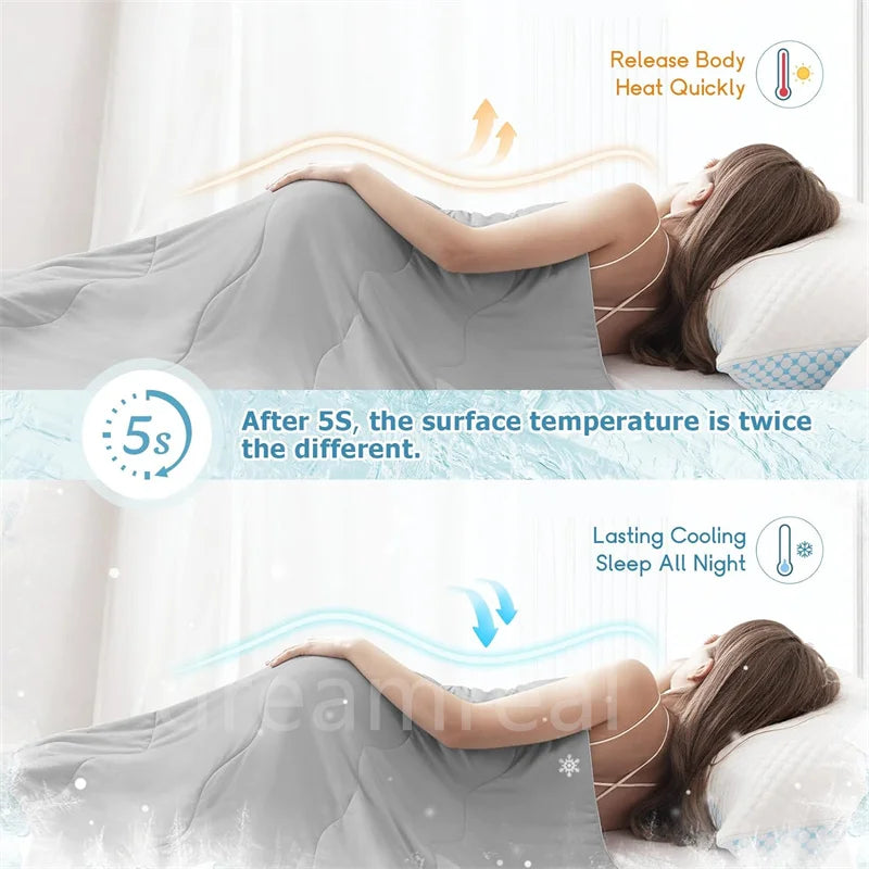 Light gray breathable cooling comforter for hot sleepers, showing heat release for a comfortable night.