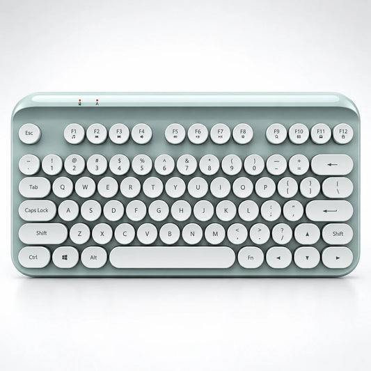 Retro wireless keyboard with round keycaps in light blue and white top-down view