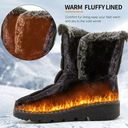 Black winter snow boot with fuzzy fur lining and thick treaded sole, showing internal warmth graphic.